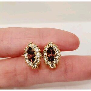 Vtg Screw Back Purple Rhinestone Oval Shaped Earrings